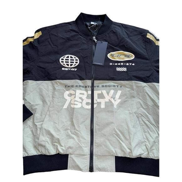 Lira Men’s Nylon Bomber Jacket Size Large Black Graphic Moto Full Zip Streetwear - Picture 2 of 3